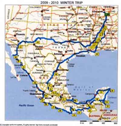 Map of our 2009 motorhome trip in Mexico